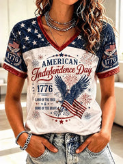 Vintage Independence Day Eagle Flag Art Print V-neck Short Sleeve T-shirt