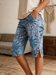 Women Vintage Boho Floral Print Denim Shorts