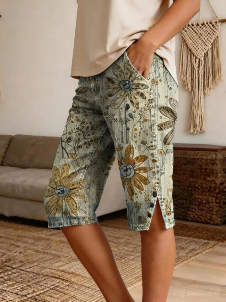 Women Vintage Boho Floral Print Denim Shorts