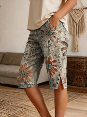 Women Vintage Boho Floral Print Denim Shorts
