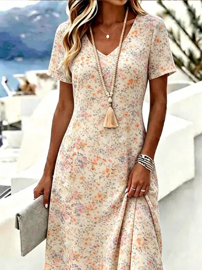 Pink Ditsy Floral V Neck Short Sleeve Loose A-Line Midi T-Shirt Dress