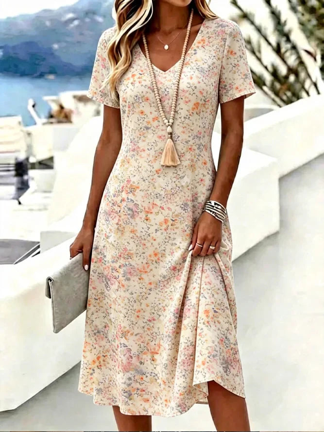 Pink Ditsy Floral V Neck Short Sleeve Loose A-Line Midi T-Shirt Dress