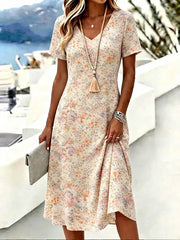Pink Ditsy Floral V Neck Short Sleeve Loose A-Line Midi T-Shirt Dress