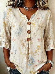 Off White Wild Floral V Neck Three Wooden Button Ruffle Half Sleeve Loose Blouse With Side Pockets