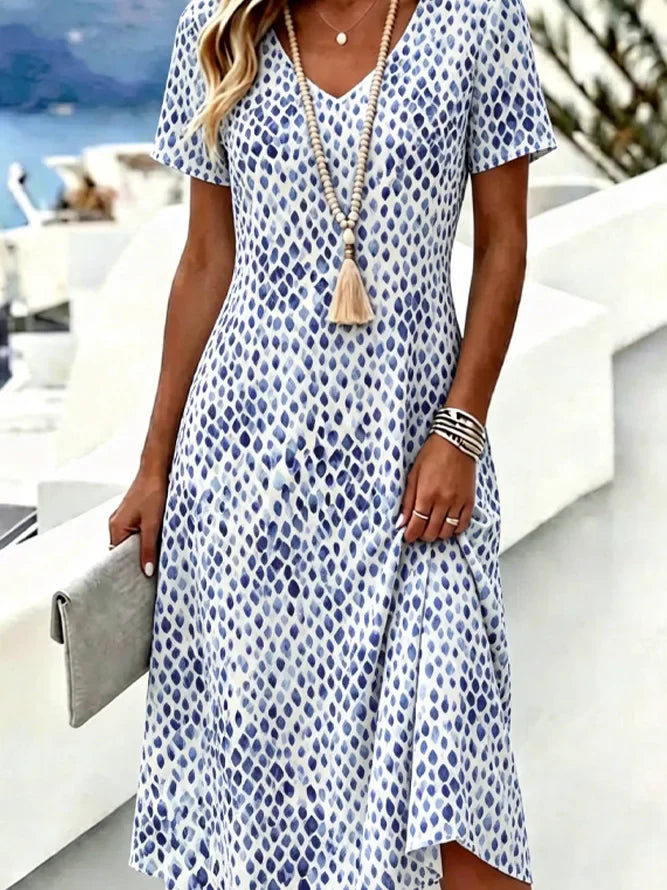 Blue Watercolor Dot Print V Neck Short Sleeve Loose A-Line Midi T-Shirt Dress