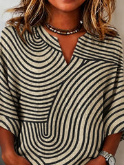 Khaki Black Abstract Curved Stripe Half Open Notch V Neck Half Sleeve Loose Casual Blouse With Side Pockets