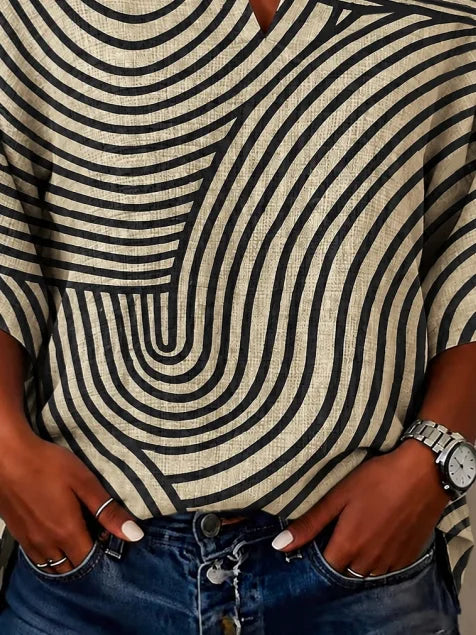 Khaki Black Abstract Curved Stripe Half Open Notch V Neck Half Sleeve Loose Casual Blouse With Side Pockets