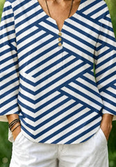 Blue White Diagonal Stripe Notch Henley Neck Flare Long Sleeve Loose Casual Blouse With Side Pockets