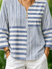Blue Mixed Wide Thin Stripe Notch Henley Neck Flare Long Sleeve Loose Casual Blouse With Side Pockets