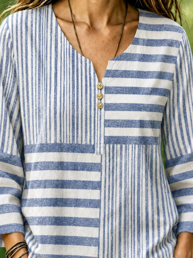 Blue Mixed Wide Thin Stripe Notch Henley Neck Flare Long Sleeve Loose Casual Blouse With Side Pockets