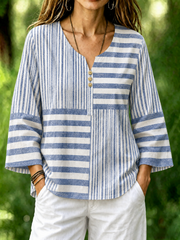 Blue Mixed Wide Thin Stripe Notch Henley Neck Flare Long Sleeve Loose Casual Blouse With Side Pockets