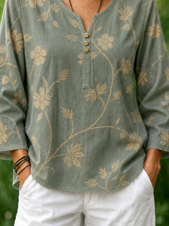 Green Vintage Floral Notch Henley Neck Flare Long Sleeve Loose Linen Blouse With Side Pockets