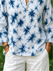 Blue Tie-Dye Burst Print Notch Henley Neck Flare Loose Linen Blouse With Side Pockets
