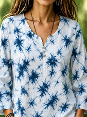 Blue Tie-Dye Burst Print Notch Henley Neck Flare Loose Linen Blouse With Side Pockets
