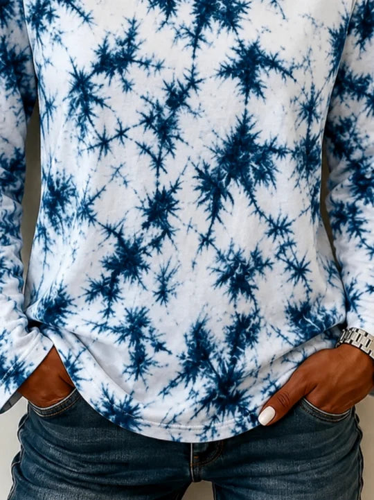 White Blue Tie-Dye Pattern Crew Neck Long Sleeve Casual T-Shirt