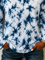 White Blue Tie-Dye Pattern Crew Neck Long Sleeve Casual T-Shirt