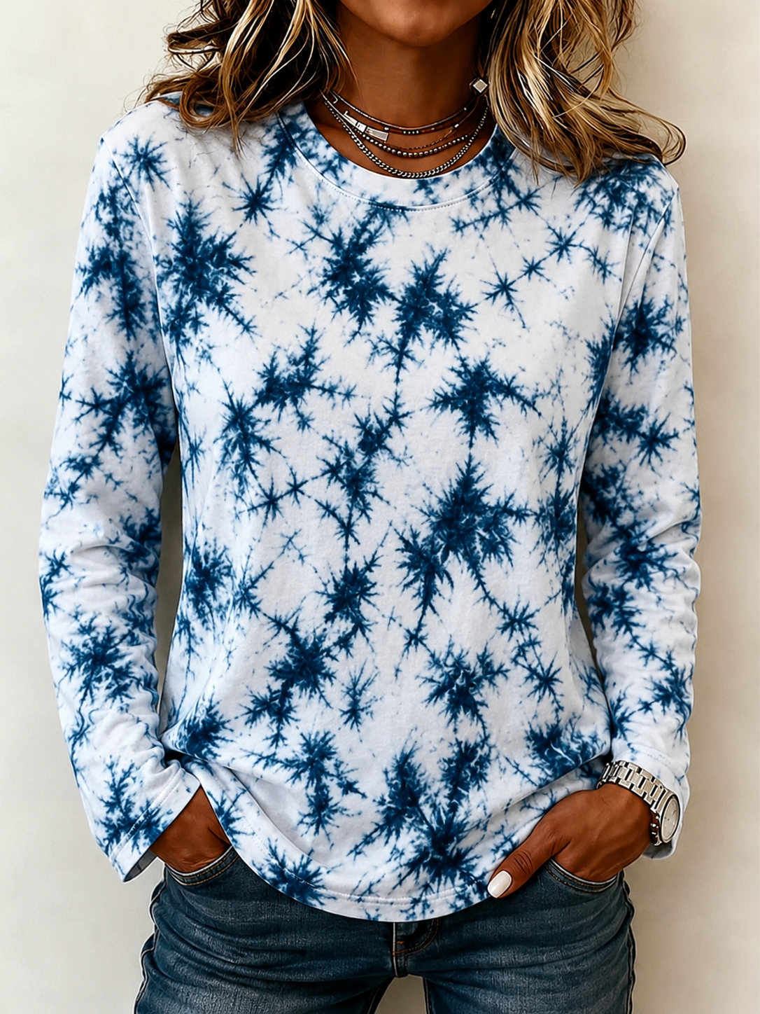 White Blue Tie-Dye Pattern Crew Neck Long Sleeve Casual T-Shirt