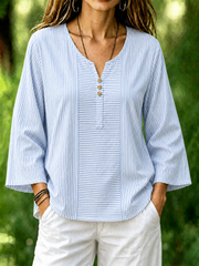 Blue White Striped Notch Henley Neck Long Sleeve Loose Blouse For Women