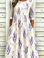 Off White Lavender Floral Crew Neck Half Sleeve A-Line Summer T-Shirt Dress