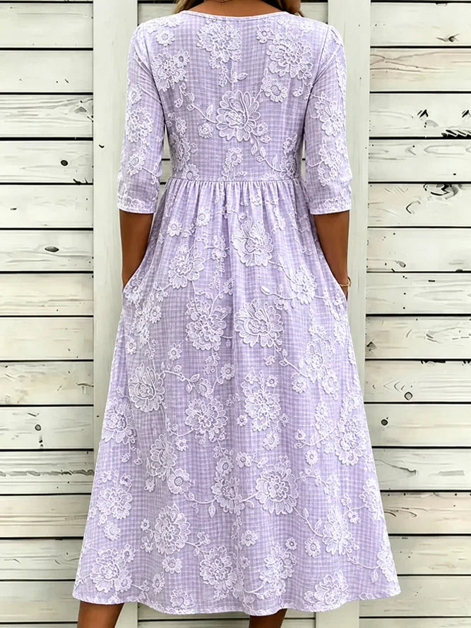 Lavender 3D Floral Embroidery Crew Neck Half Sleeve A-Line Summer T-Shirt Dress