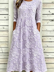 Lavender 3D Floral Embroidery Crew Neck Half Sleeve A-Line Summer T-Shirt Dress