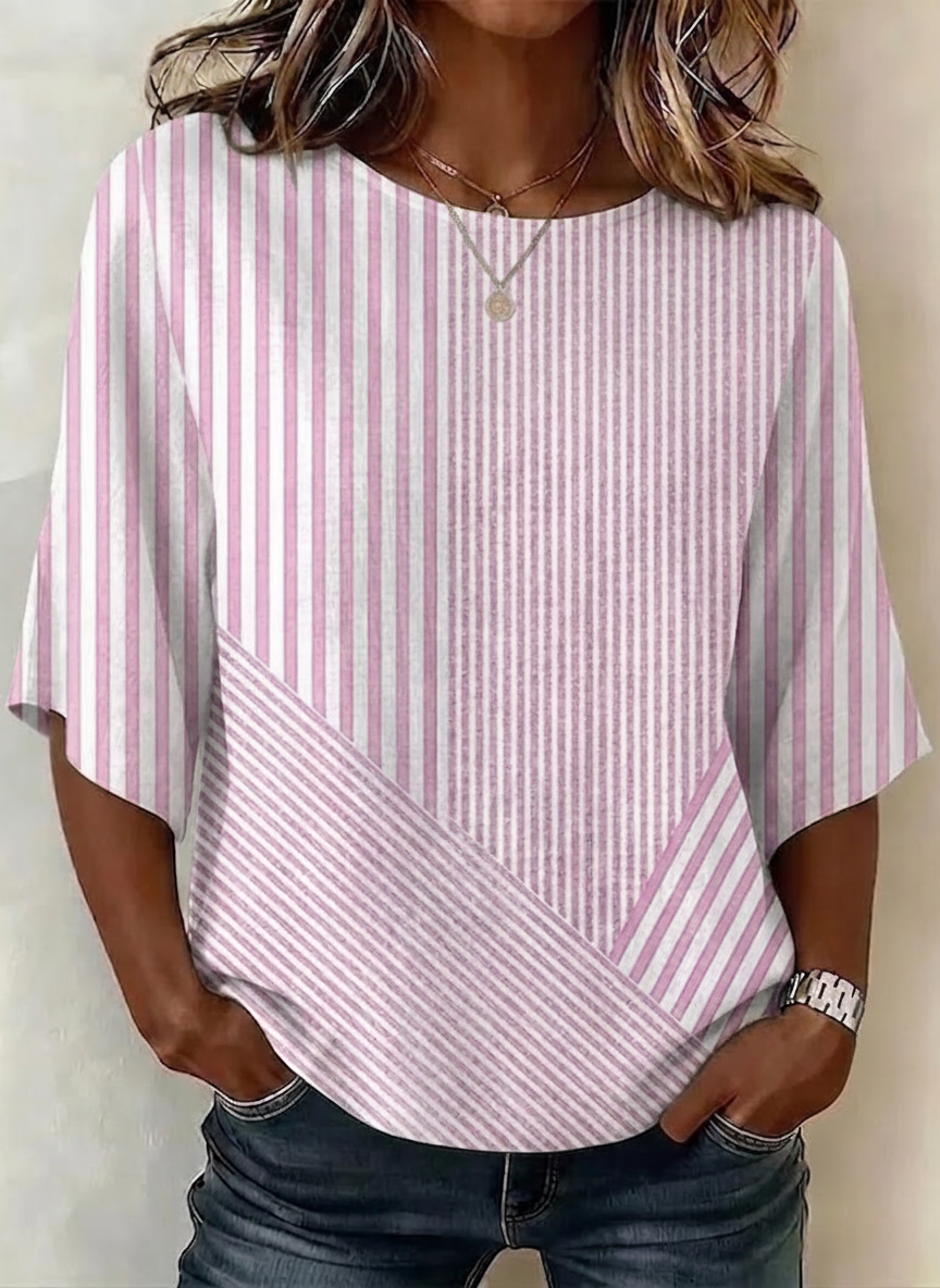 Pink Mixed Vertical Diagonal Striped Crew Neck Half Sleeve Regular Fit Blouse For Women