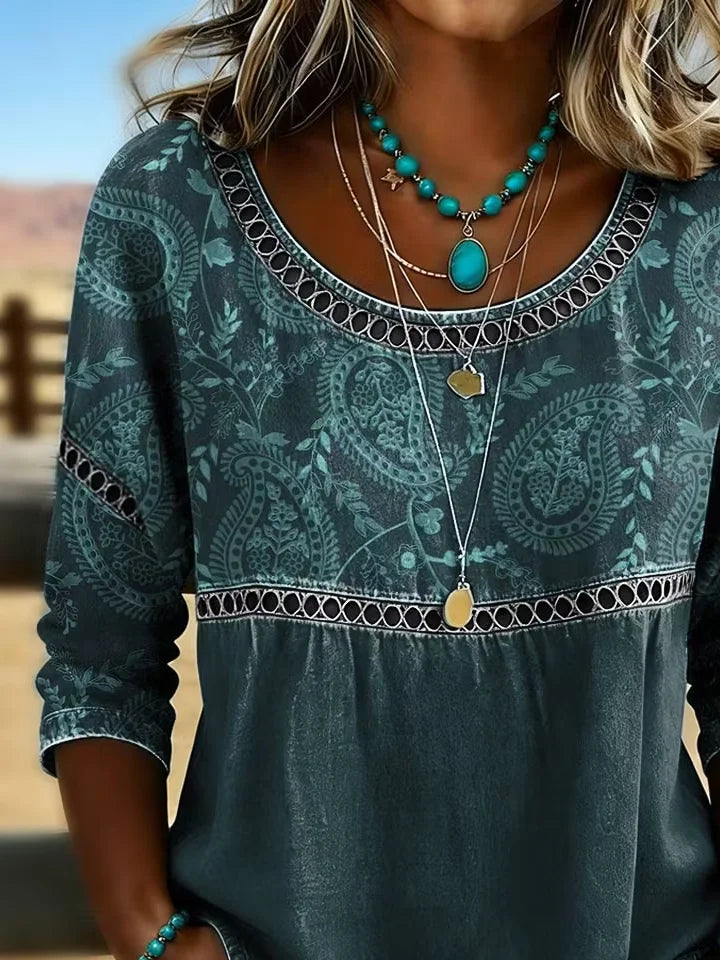 Green Paisley Floral Print Crew Neck Half Sleeve Loose Blouse For Women