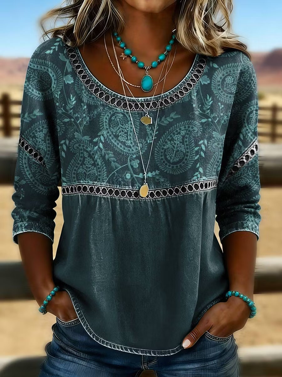 Green Paisley Floral Print Crew Neck Half Sleeve Loose Blouse For Women