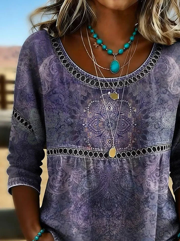 Purple Ethnic Paisley Print Crew Neck Half Sleeve Loose Blouse For Women