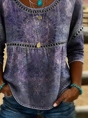 Purple Ethnic Paisley Print Crew Neck Half Sleeve Loose Blouse For Women