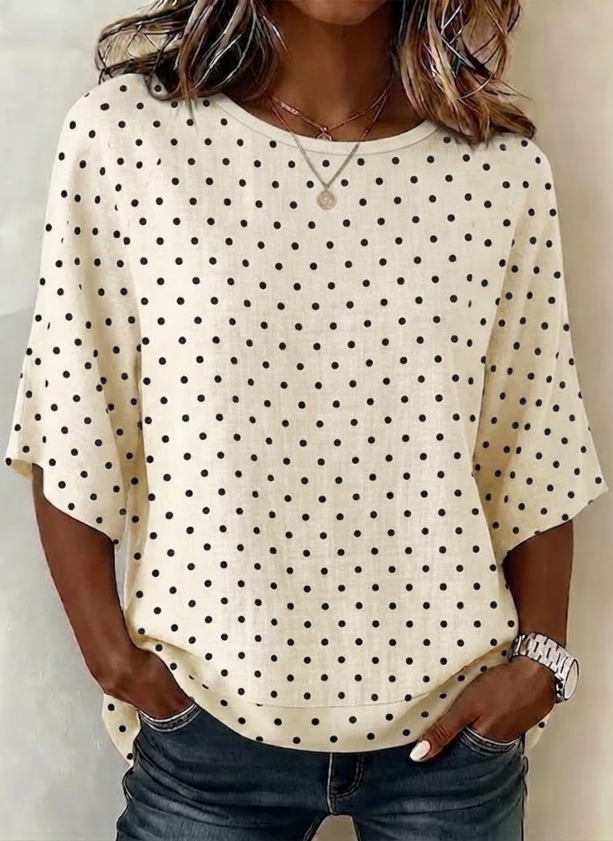Cream Polka Dots Crew Neck 3/4 Sleeve Regular Fit Blouse For Women