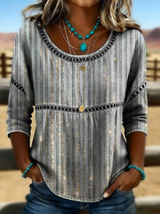 Grey Abstract Glitter Stripe Crew Neck Half Sleeve Loose Blouse For Women