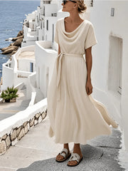 White Plain Cowl Neck Short Sleeve A-Line Summer T-Shirt Dress With Belt