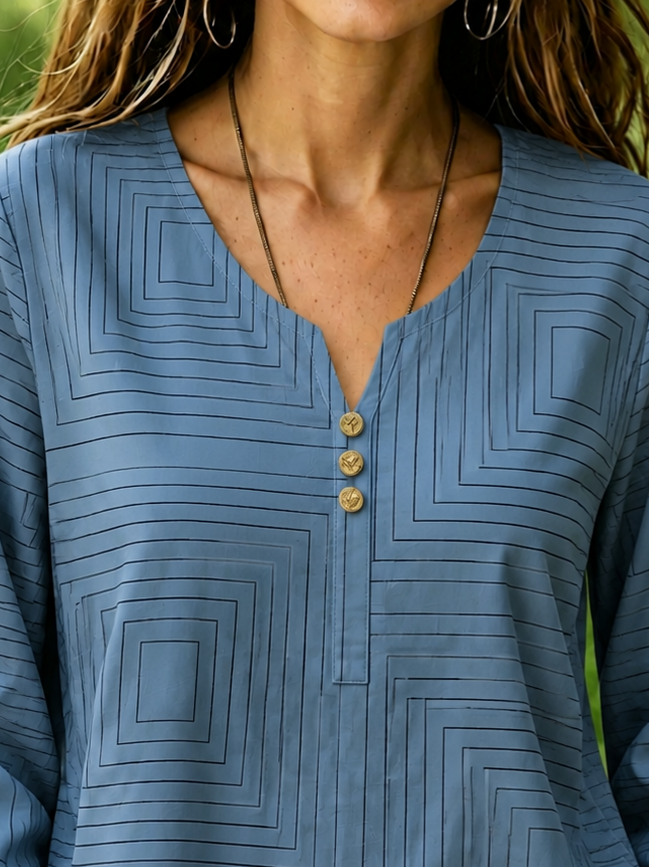 Blue Geometric Square Print Crew Neck Long Sleeve Loose Blouse For Women