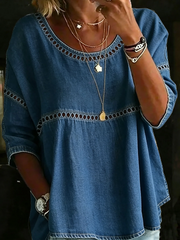 Blue Plain Denim Crew Neck 3/4 Sleeve Loose Blouse For Women