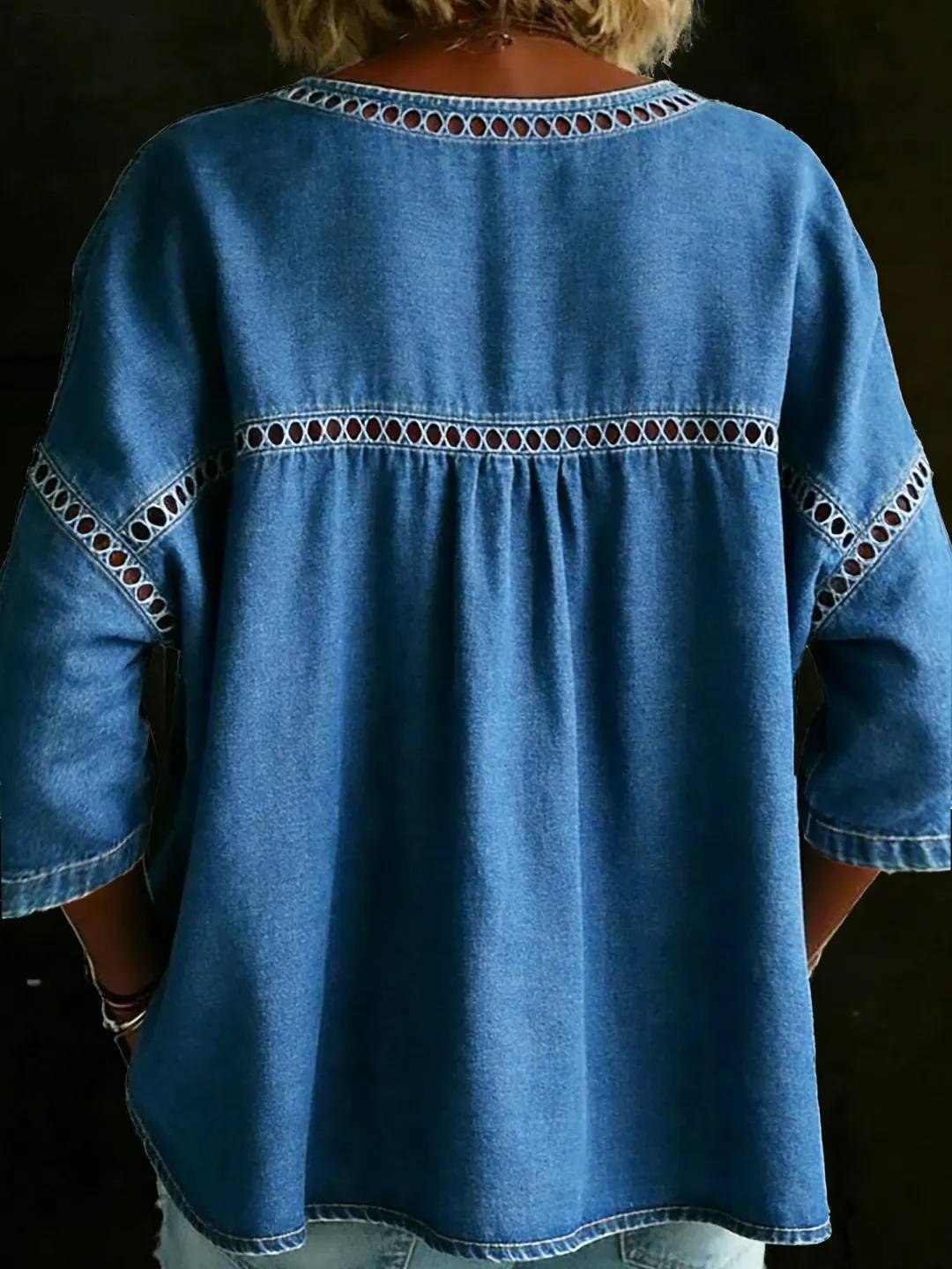 Blue Plain Denim Crew Neck 3/4 Sleeve Loose Blouse For Women