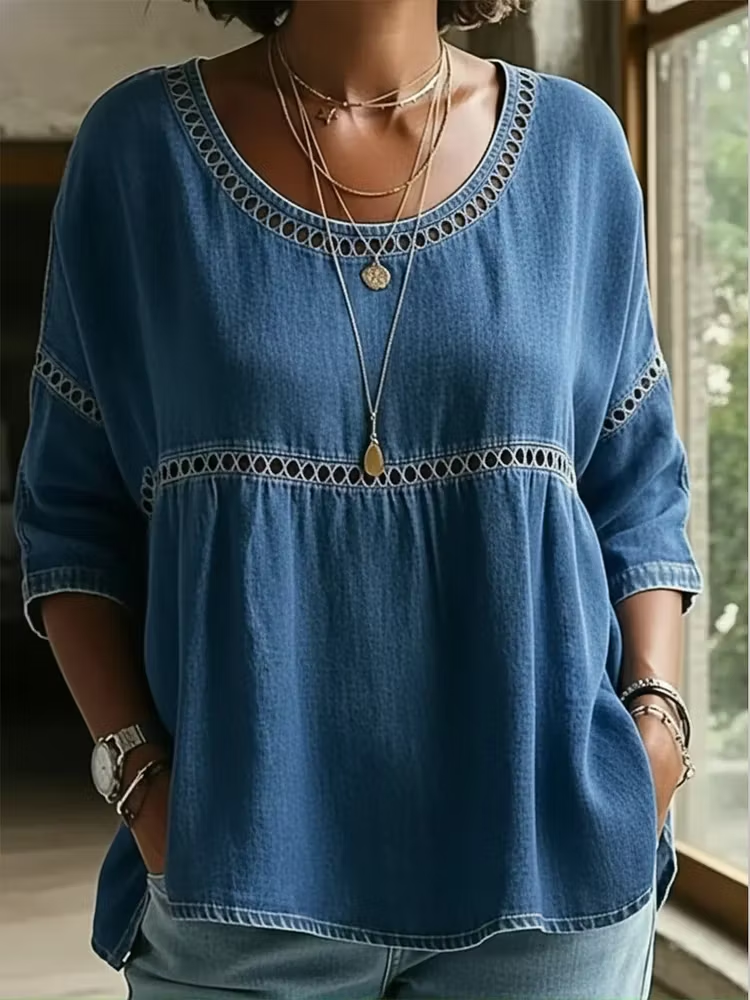 Blue Plain Denim Crew Neck 3/4 Sleeve Loose Blouse For Women