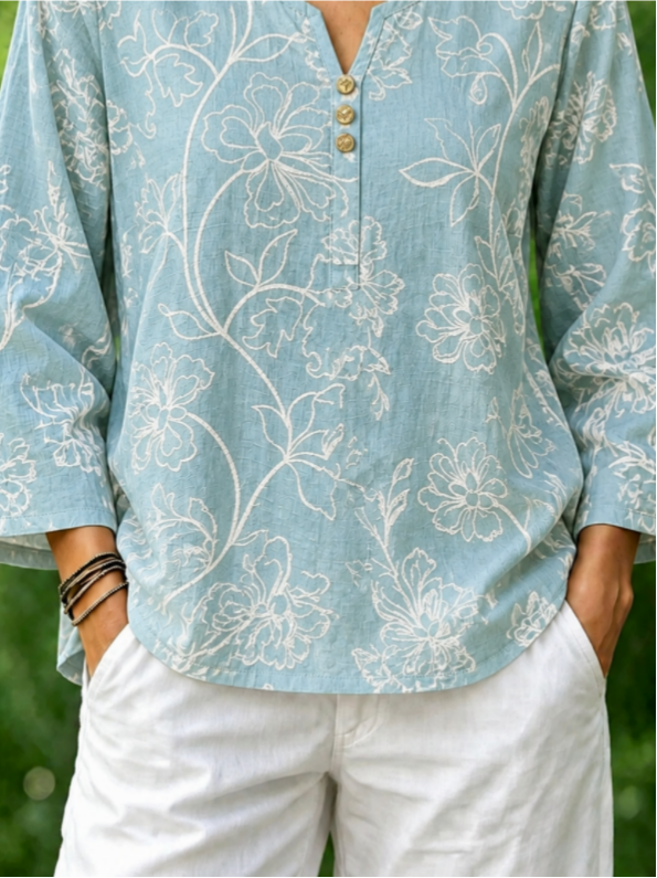 Light Blue Floral Print Crew Neck Long Sleeve Loose Blouse For Women