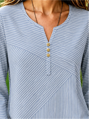 Blue Mixed Vertical Diagonal Striped Crew Neck Long Sleeve Loose Blouse For Women