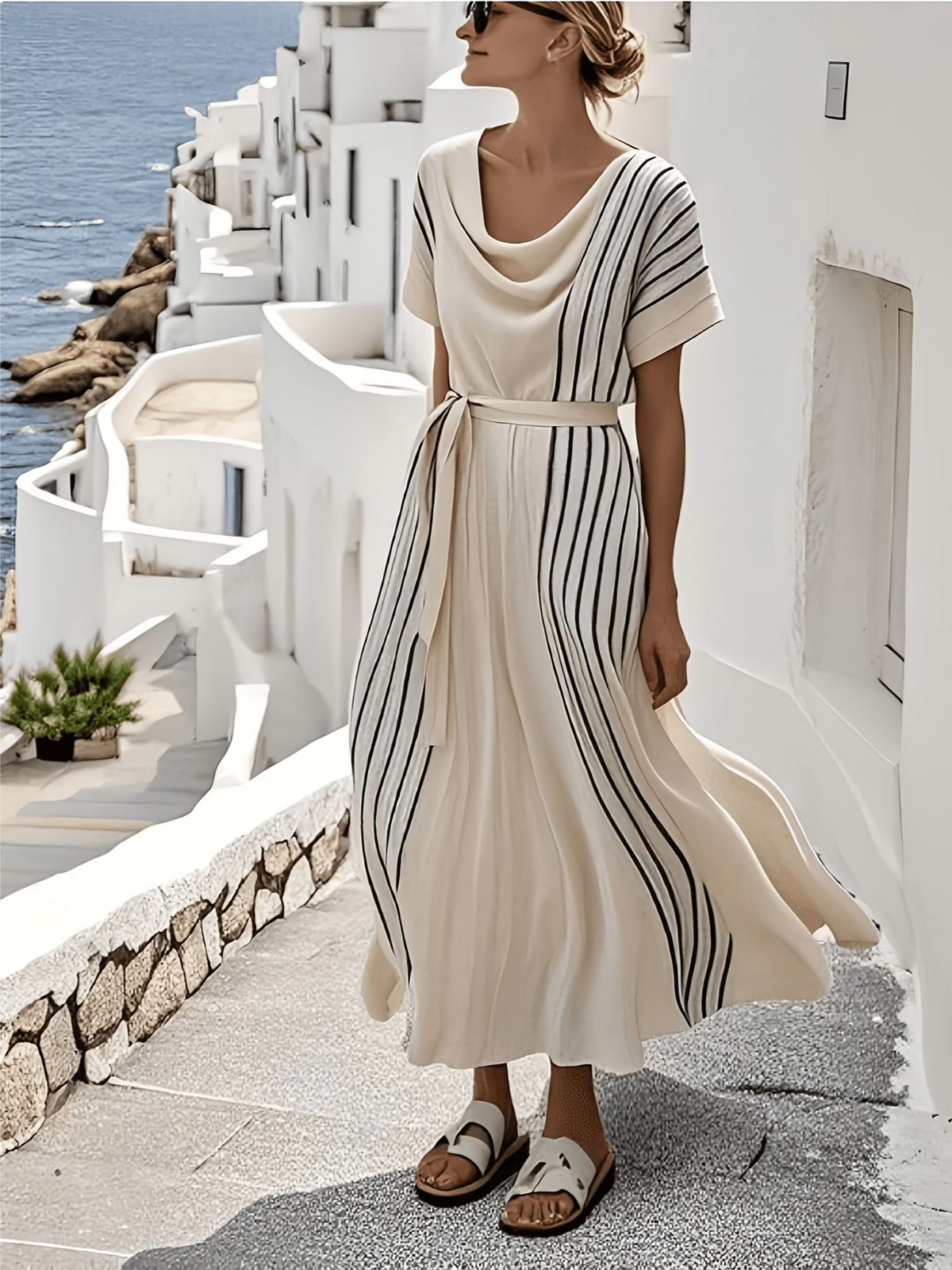 Apricot Vertical Stripe Cowl Neck Short Sleeve A-Line Summer Midi Dress With Belt