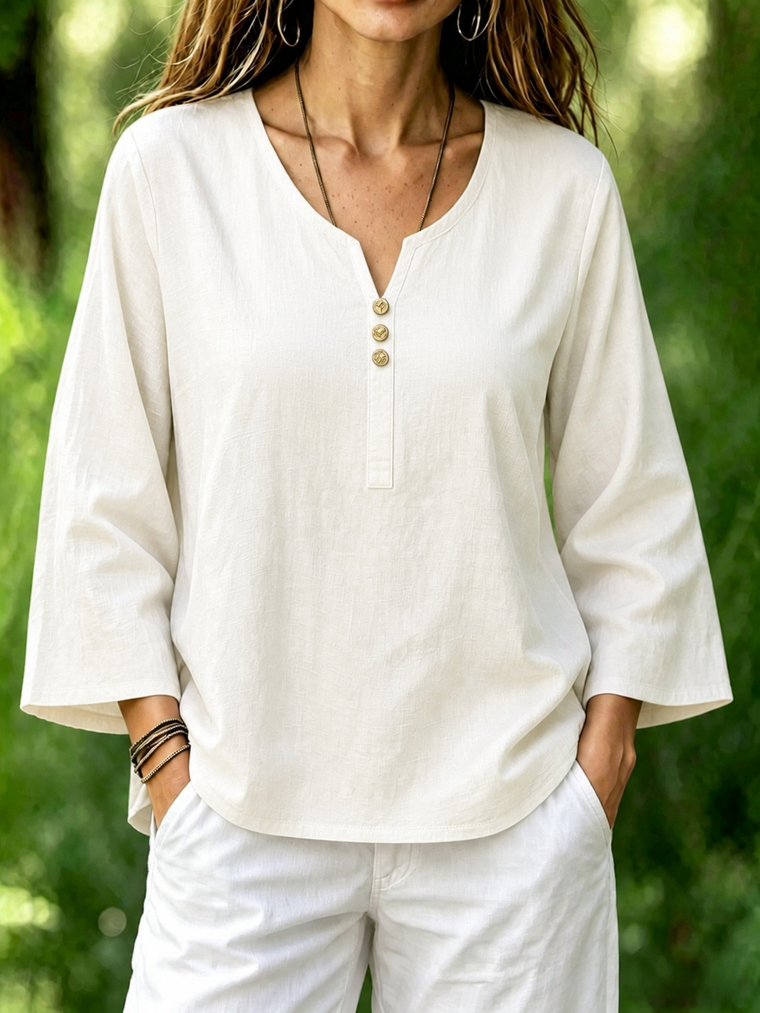 White Plain Crew Neck Long Sleeve Loose Linen Blouse For Women