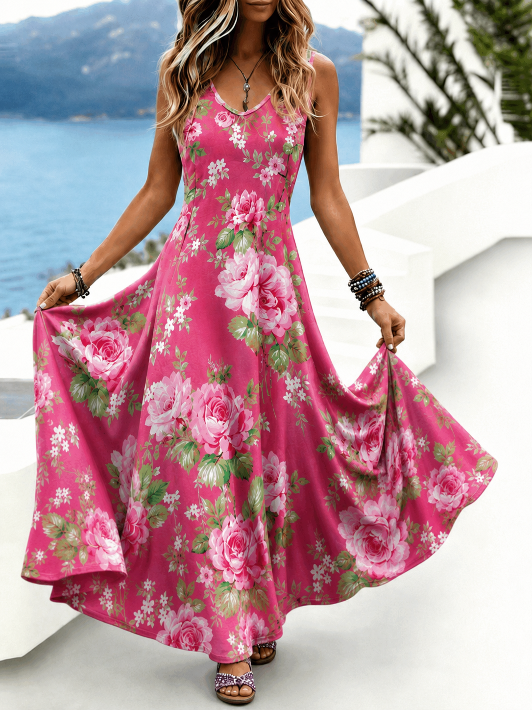 Pink Big Floral V Neck Sleeveless Tank A-Line Maxi Dress For Spring/Fall