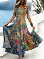 Vibrant Peacock Floral Print V Neck Sleeveless Tank A-Line Maxi Dress For Spring & Fall