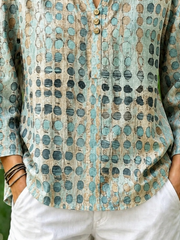 Green Abstract Polka Dot Crew Neck Long Sleeve Loose Blouse For Women