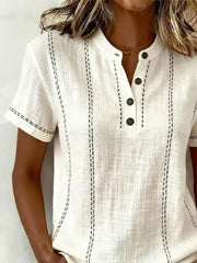 Off White Contrast Stitch V Neck Short Sleeve Regular Fit Linen Shirt For Women