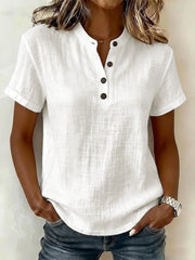 White Plain Stand Collar V Neck Short Sleeve Linen Shirt For Women