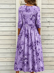 Purple Floral Crew Neck Half Sleeve A-Line Midi T-Shirt Dress For Women