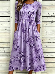 Purple Floral Crew Neck Half Sleeve A-Line Midi T-Shirt Dress For Women