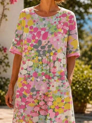 Pink Multicolor Abstract Polka Dot Crew Neck Half Sleeve A-Line Midi T-Shirt Dress For Women