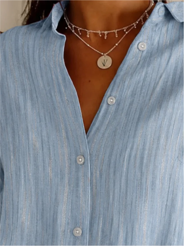 Blue Thin Stripe Shirt Collar Long Sleeve Loose Button Down Shirt For Women